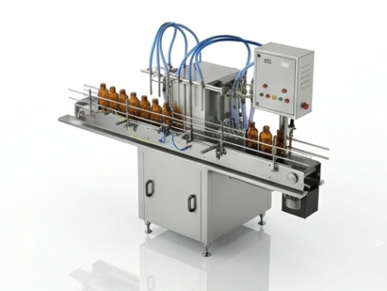 Automatic 4-head liquid bottle filling machine – front view with four nozzles, stainless steel build