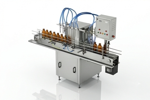 Automatic 4-head liquid bottle filling machine – front view with four nozzles, stainless steel build