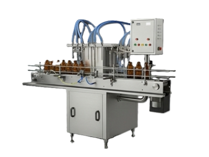 4-head liquid filler side view showing PLC panel and conveyor integration