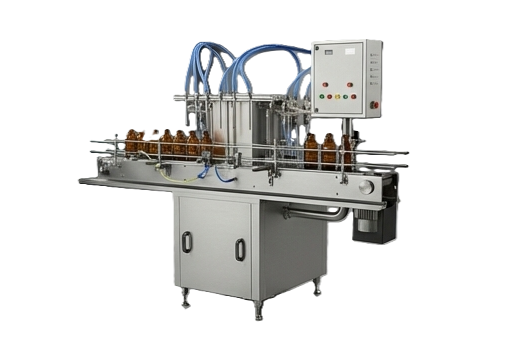 4-head liquid filler side view showing PLC panel and conveyor integration